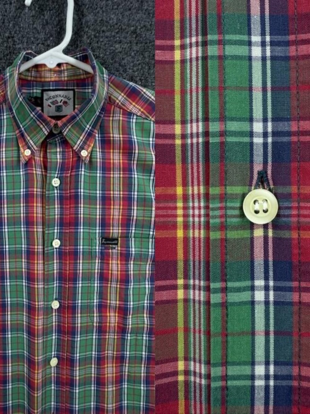 VTG Faconnable Large Plaid Button-Down Green Red Logo Men Pocket Shirt Woven